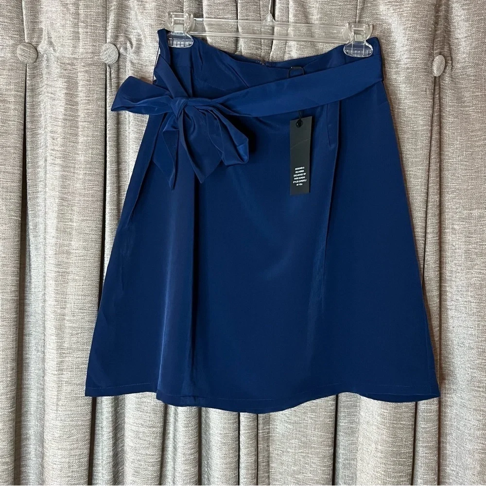 NWT Paris Sunday Blue Faux Tie Waist A Line Mini Skirt Size 8
